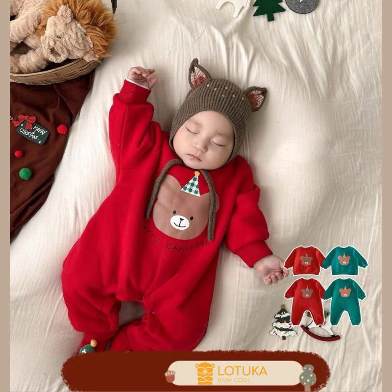 Body Nỉ Bông Noel Hình Gấu Ấm Áp Cho Bé, Bodysuit LOTUKA Cho Bé Trai Bé Gái, Áo Thu Đông, Quần Áo Trẻ Em Size 3-12kg