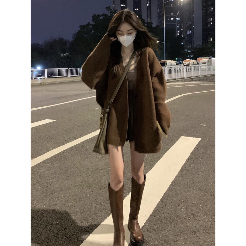 Xindahui Áo Khoác cardigan Dệt Kim Màu Cà Phê Thời Trang Thu Đông 2023 Cho Nữ