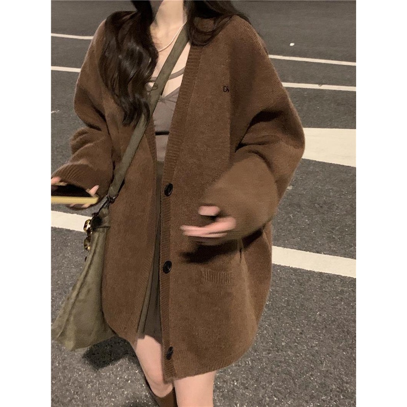 Xindahui Áo Khoác cardigan Dệt Kim Màu Cà Phê Thời Trang Thu Đông 2023 Cho Nữ