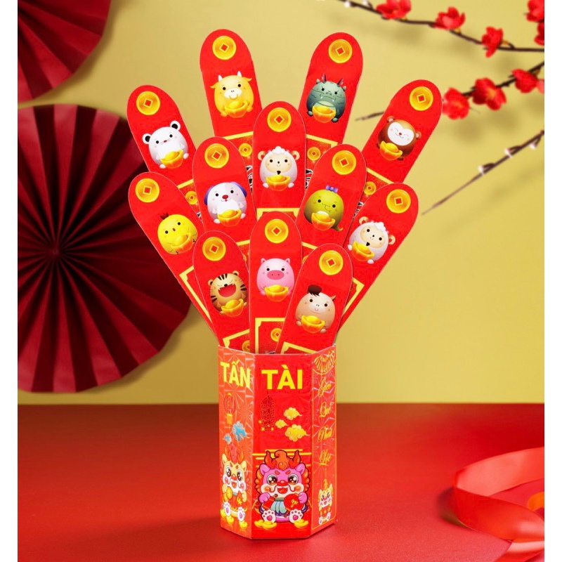 Bao lì xì gieo quẻ hộp 12 quẻ cáng bóng tuyệt đẹp, bao lì xì tết 2024