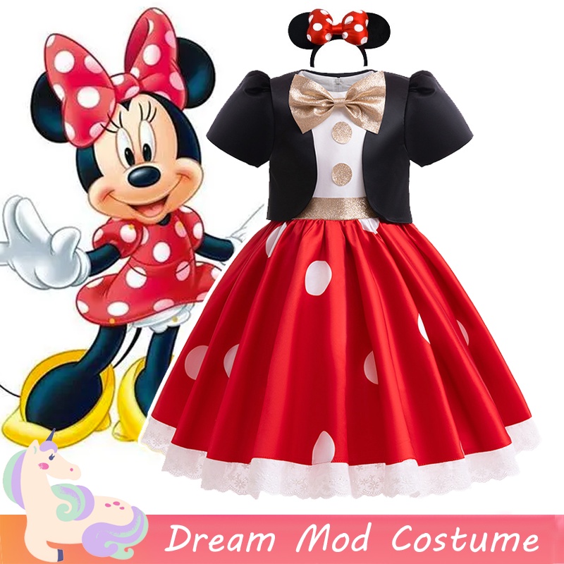 Minnie Đầm Công Chúa Màu Đỏ Đen Đính Nơ Thời Trang Cho Bé Gái