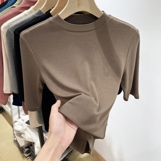  Áo Thun Cổ Cao Tay Lửng Màu Sắc Đơn Giản Thời Trang Mùa Hè Dành Cho Nữ 