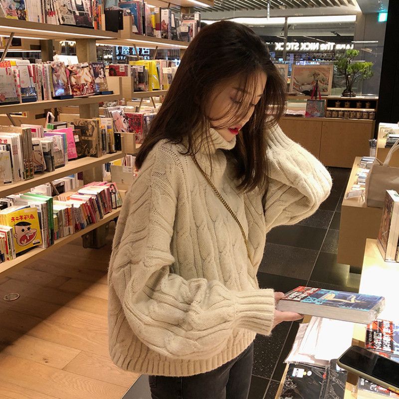 Mới Áo sweater Dệt Kim Dày Dặn Cổ Cao Màu Đỏ Khoai Tây Chiên Cho Nữ