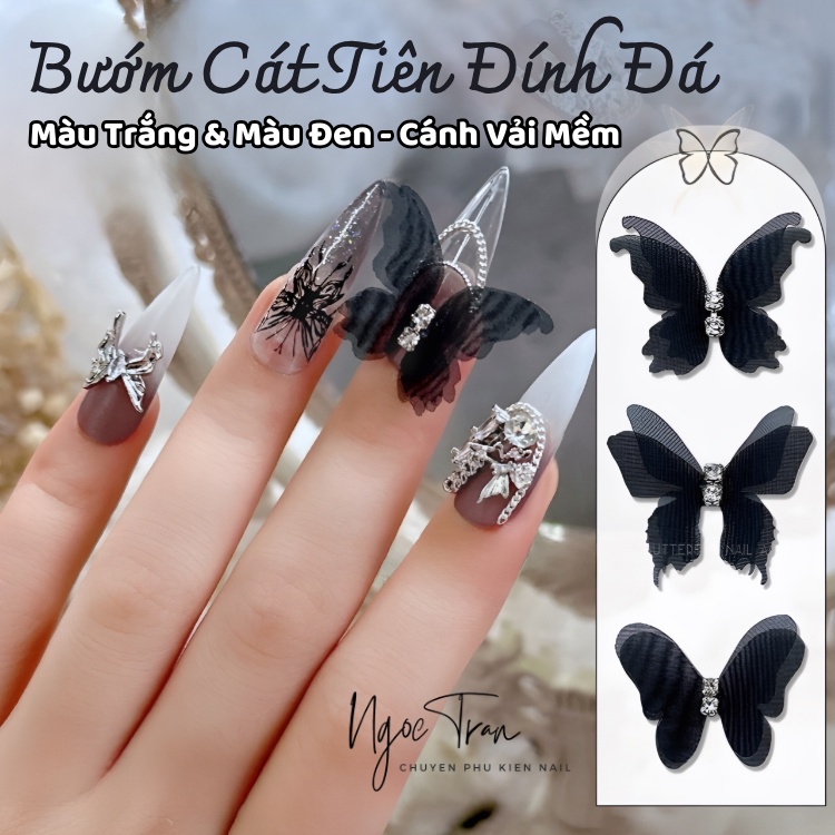 Charm Bướm Cát Tiên Trắng Đen Vải Mềm | Trang Trí Móng Tay