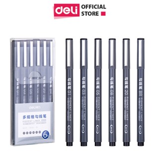 Bút kỹ thuật đi nét nhiều ngòi màu đen Deli - kháng nước - vẽ caligraphy phác thảo - bộ 6 chiếc  - S573