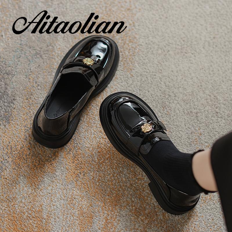 Giày Cao Gót 3.5cm Chất Liệu Da Đế Bằng Mũi Tròn Phong Cách mary jane retro Cho Nữ