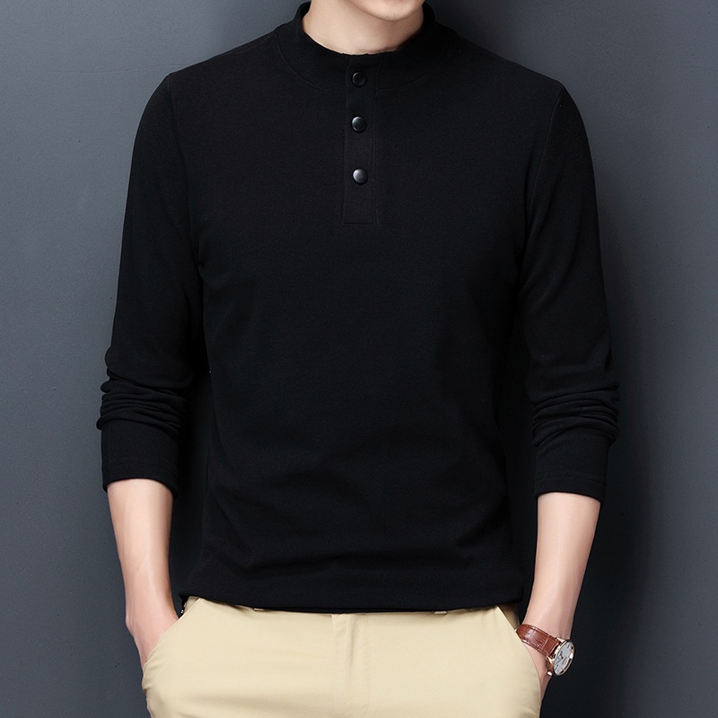 Áo Thun polo Hai Lớp Tay Dài Bằng Vải Nhung 4 Màu Trơn Giữ Ấm Kiểu Cổ Điển Thời Trang Công Sở Cho Nam