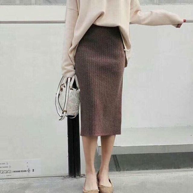 ST150 Chân váy len xẻ tà dáng dài chất dày dặn+ ảnh thật