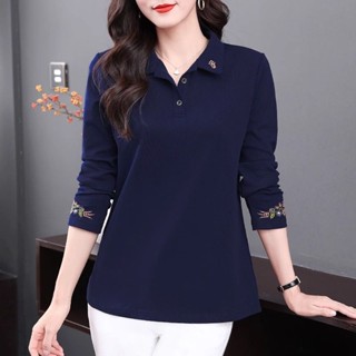 Áo Thun polo Tay Dài Dáng Rộng Phong Cách Thu Đông Mới Dành Cho Nữ Trung Niên