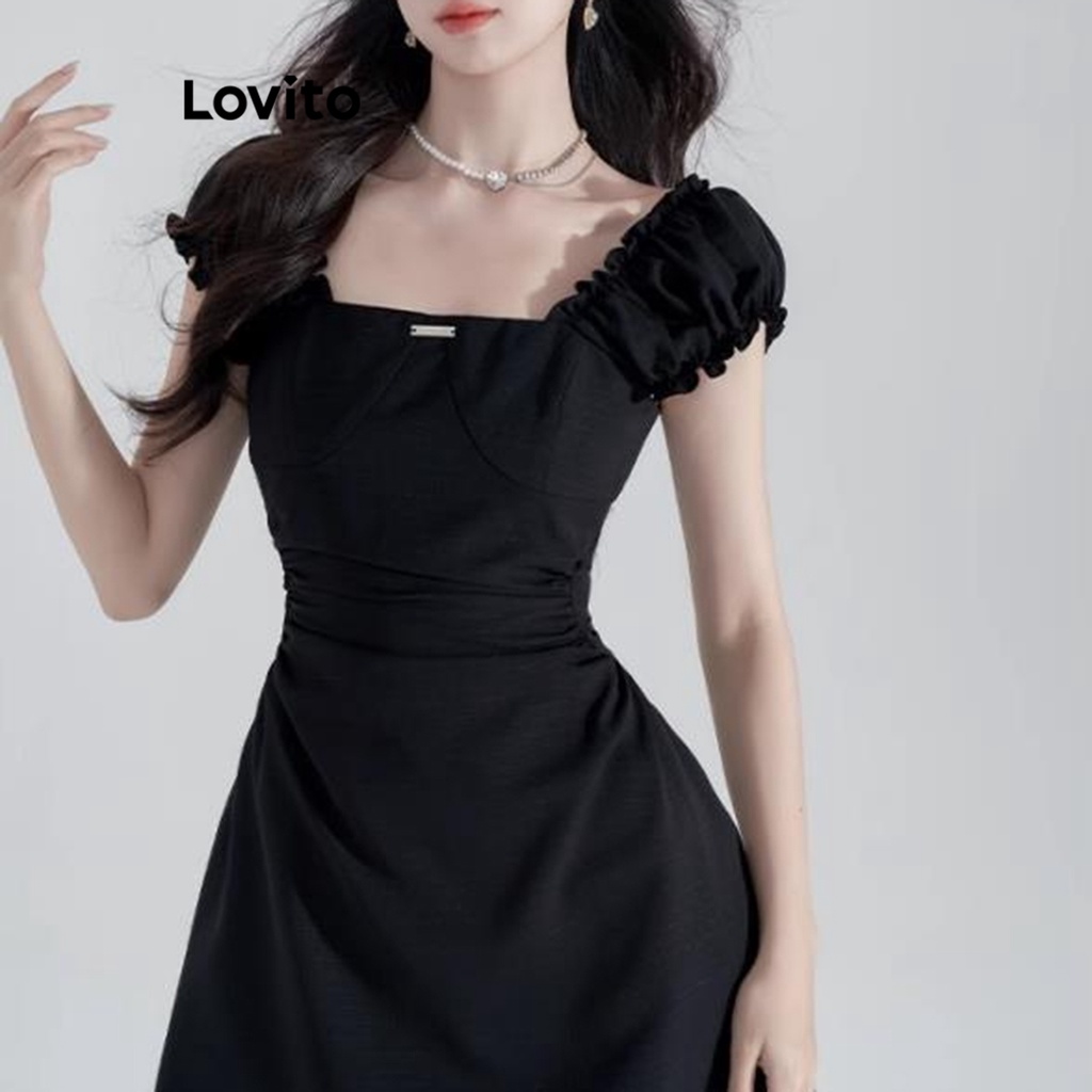 Đầm chữ a ngắn Lovito váy xinh nhẹ nhàng xếp nếp viền nhún bèo màu trơn thường ngày cho nữ LNA20065