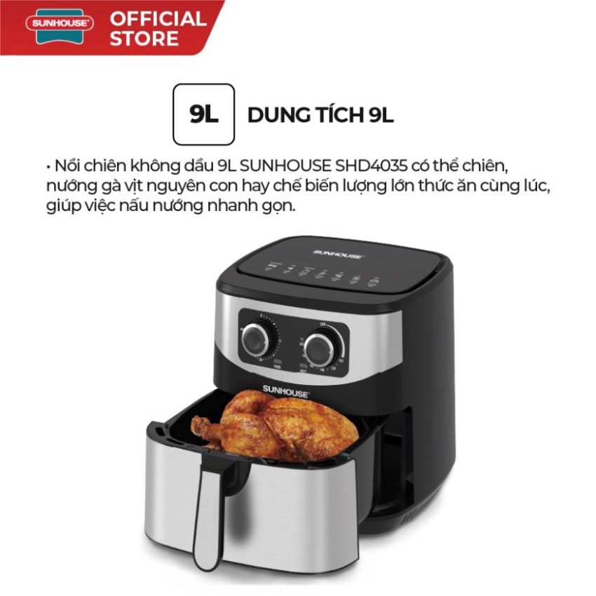 Nồi chiên không dầu 9L Sunhouse SHD4035 dung tích 9L chiên nướng được lượng lớn thức ăn