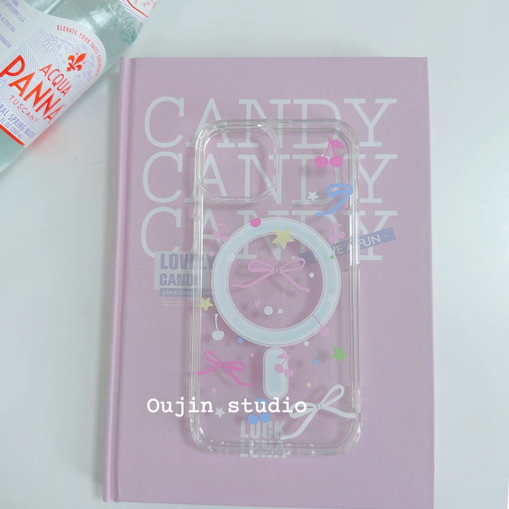 Bao Da Điện Thoại Có Ngăn Đựng Thẻ Từ Tính Hình Quả cherry Dễ Thương Cho 15pro / 14promax / 13 / 12 / 11 Ốp