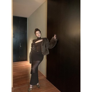 「Nonfatgirl」Sweet spicy yujie Set Áo Khoác Lông Ngắn + Chân Váy Dệt Kim Xẻ Tà Chéo Lưng Cao Gợi Cảm