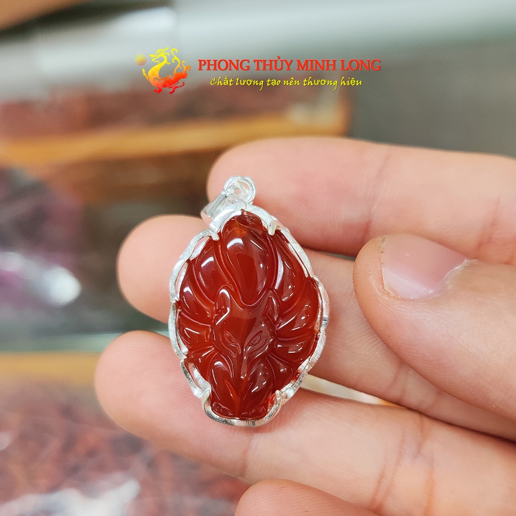 Mặt dây chuyền Hồ Ly bọc Bạc đá mã não đỏ chất lượng đá 3A