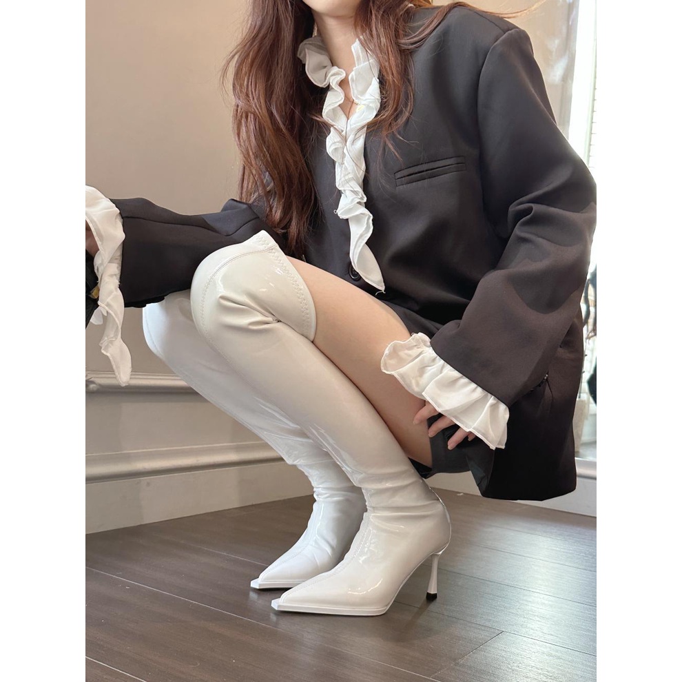 Giày Bốt Cao Gót Cổ Cao Qua Gối Mũi Nhọn Thời Trang Thu Đông 2023 Phong Cách Âu Mỹ Cho Nữ