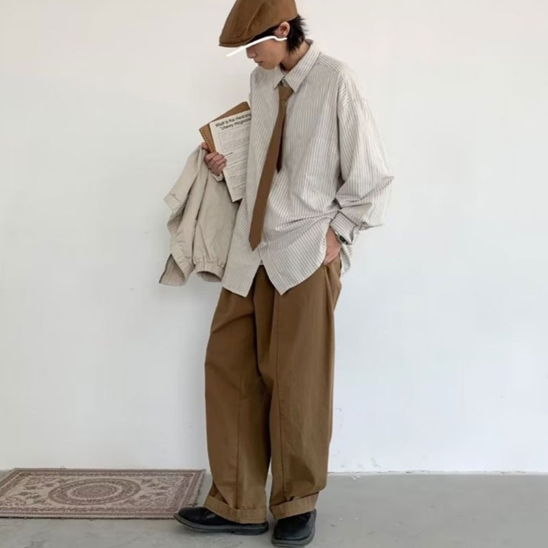 Kyushuad Áo Sơ Mi Dáng Rộng Họa Tiết Kẻ Sọc Phong Cách retro Nhật Bản Cao Cấp Cho Nam
