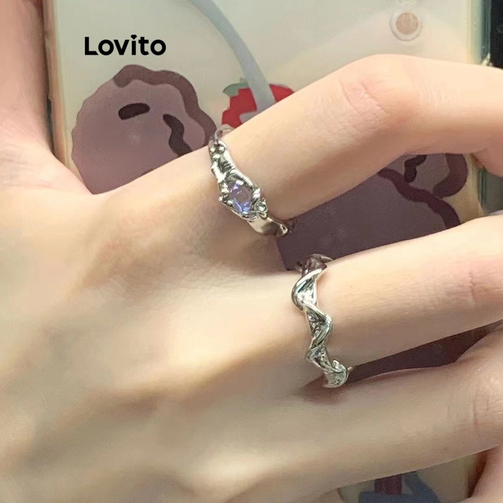 Lovito Nhẫn đôi bằng đá mặt trăng bất đối xứng đơn giản không đều có thể điều chỉnh cho nữ LFA06230