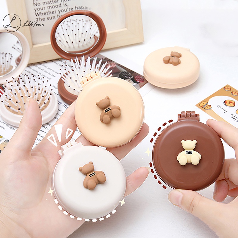 Luimo Lược Chải Tóc mini Hình Gấu Hoạt Hình Dễ Thương Có Gương Mát Xa Nhỏ Gọn Cho Bé Gái * Hàng Bán Chạy