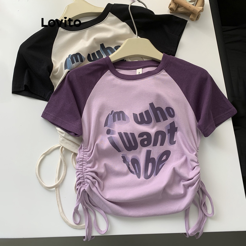 Áo thun Lovito croptop dây rút tím pastel baby tee tương phản phối dây rút họa tiết chữ thường ngày cho nữ LNE18025 (Màu tím)