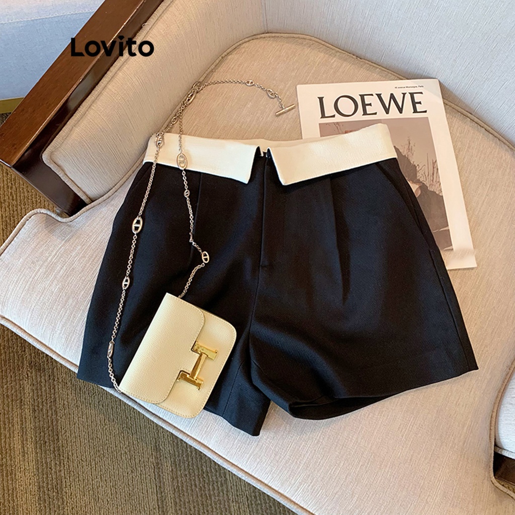 Quần short LOVITO xếp nếp ghép nối màu trơn thường ngày cho nữ LNE10075 (Màu đen)
