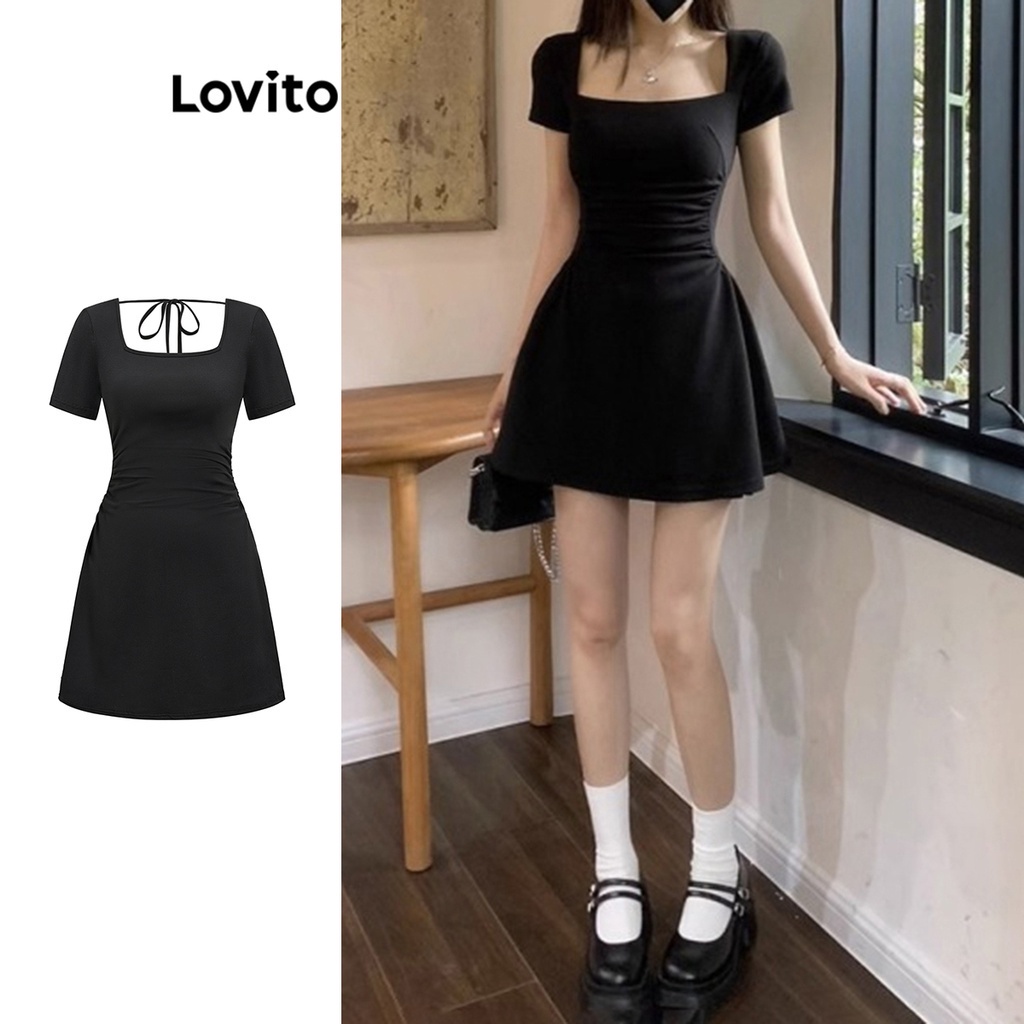 Đầm Lovito tay ngắn buộc dây màu trơn thường ngày cho váy body ngắn nữ L61AD088 