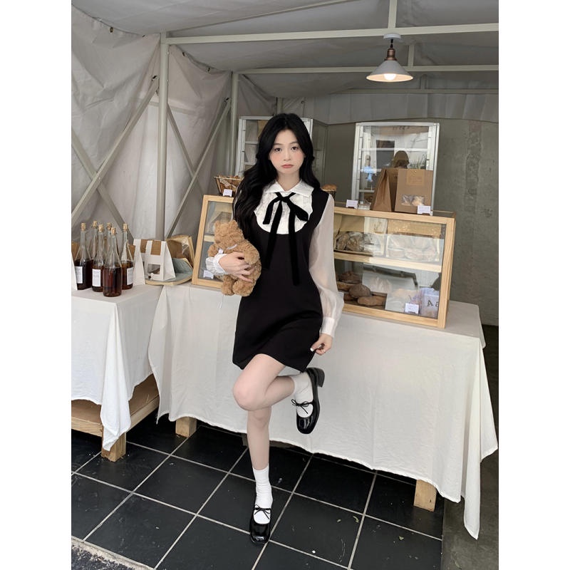 Ảnh chụp thật Đầm kèm áo trắng thắt nơ xinh xắn phong cách tiểu thư Bigsize thời trang