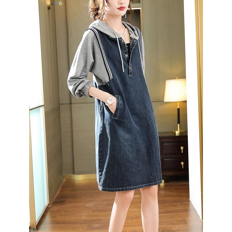 Đầm denim Dáng Rộng Có Mũ Trùm Thời Trang Mùa Thu 2023 Cho Nữ