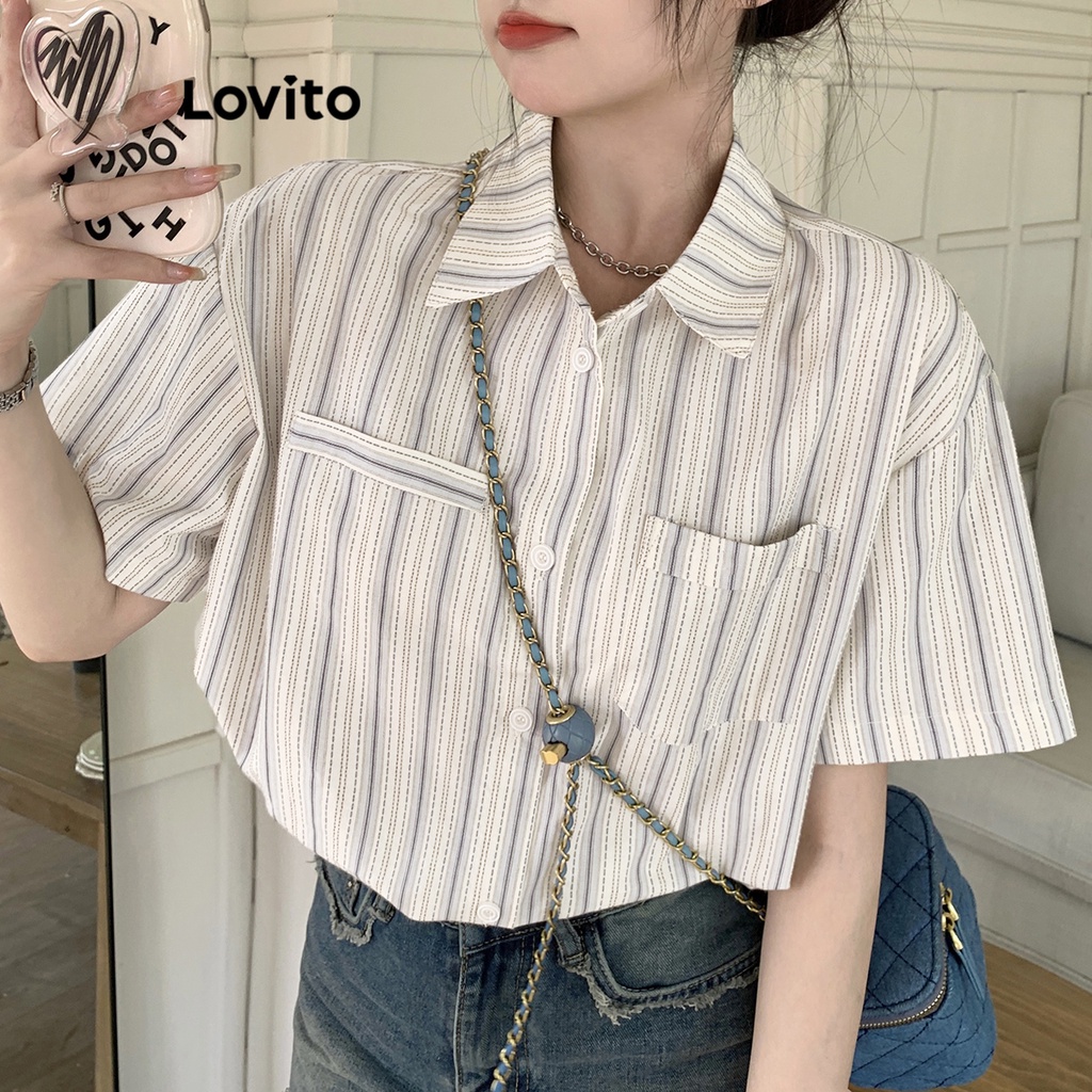 Lovito Áo kiểu sọc thường ngày cho nữ LNE26044 (Nhiều màu/Trắng)