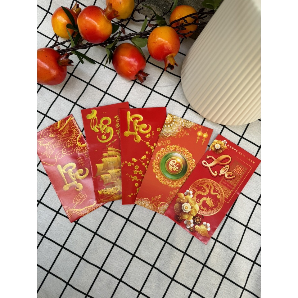 Set 10 bao lì xì đỏ mừng tuổi năm mới hoạt hình chibi, tài lộc đón xuân giáp thìn năm 2024