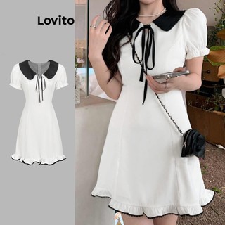 Đầm Lovito buộc dây viền xếp nếp ghép nối màu sắc phong cách thường ngày cho nữ L58AD093 (Trắng)