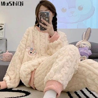 Bộ Đồ Ngủ Tay Dài Dáng Rộng Vải Nhung San Hô Thiết Kế Dễ Thương Cho Nữ