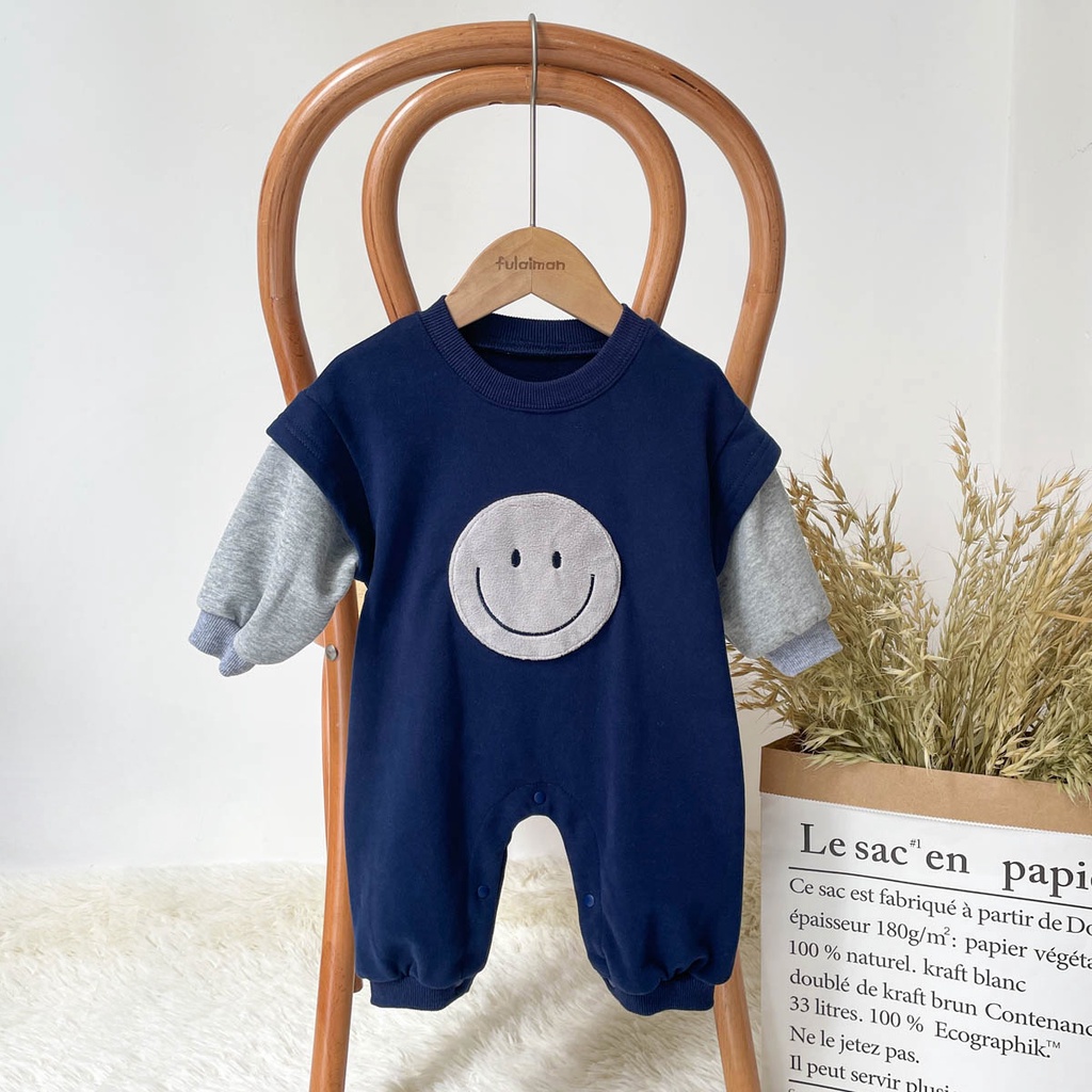 Áo Liền Quần Tay Dài In Hình Mặt Cười Dễ Thương Giữ Ấm Mùa Thu Cho Bé Trai / Gái 0-24 Tháng Tuổi