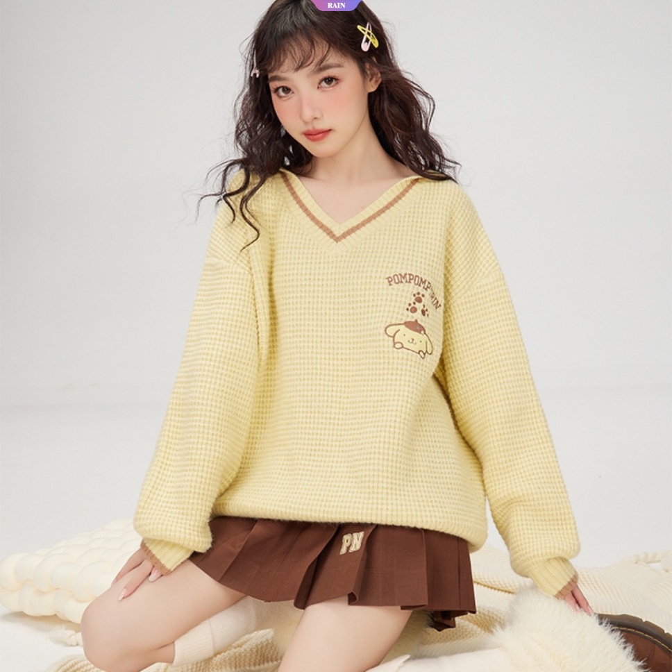 Áo sweater Dệt Kim Thêu Hoạt Hình sanrio cinnamoroll my melody kuromi pom pom purin v navy Leaderer y2k lolita