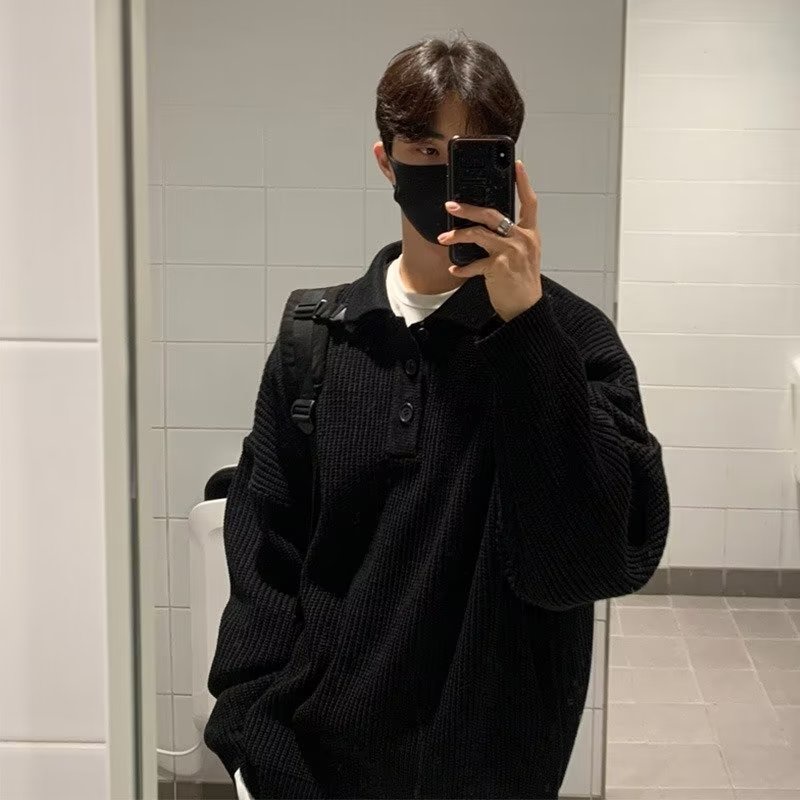Áo sweater Dệt Kim Cổ polo Dáng Rộng Màu Sắc Đơn Giản Thời Trang Thu Đông Cho Nam Giới