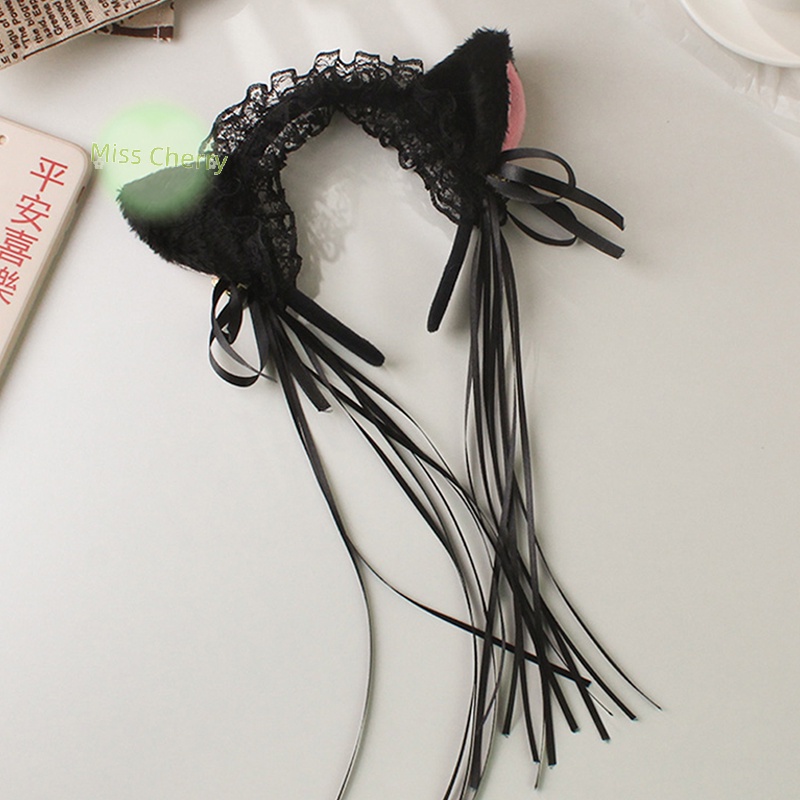 Cài Tóc Tai Mèo Bằng Lông Xù Phối Ren Và Chuông Hóa Trang