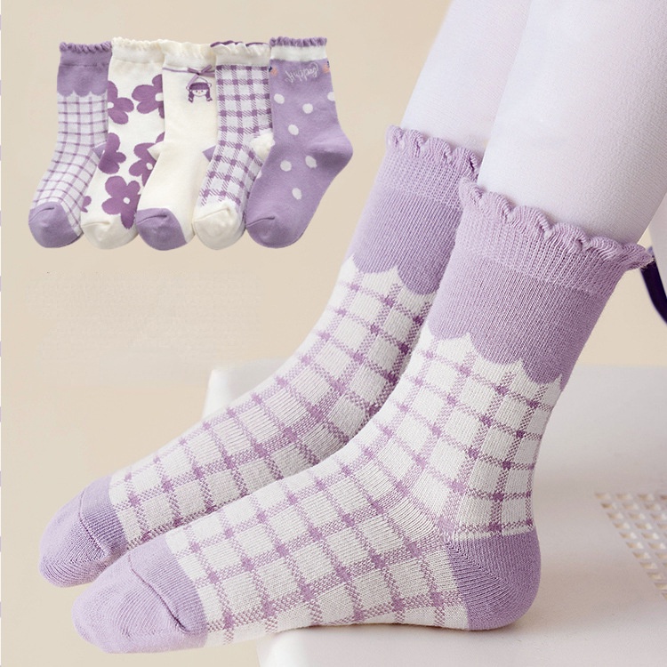 Set 5 Đôi Vớ cotton Mùa Hè Phối Lưới Màu Tím In Họa Tiết Hoạt Hình Dễ Thương Cho Bé Sơ Sinh jp7