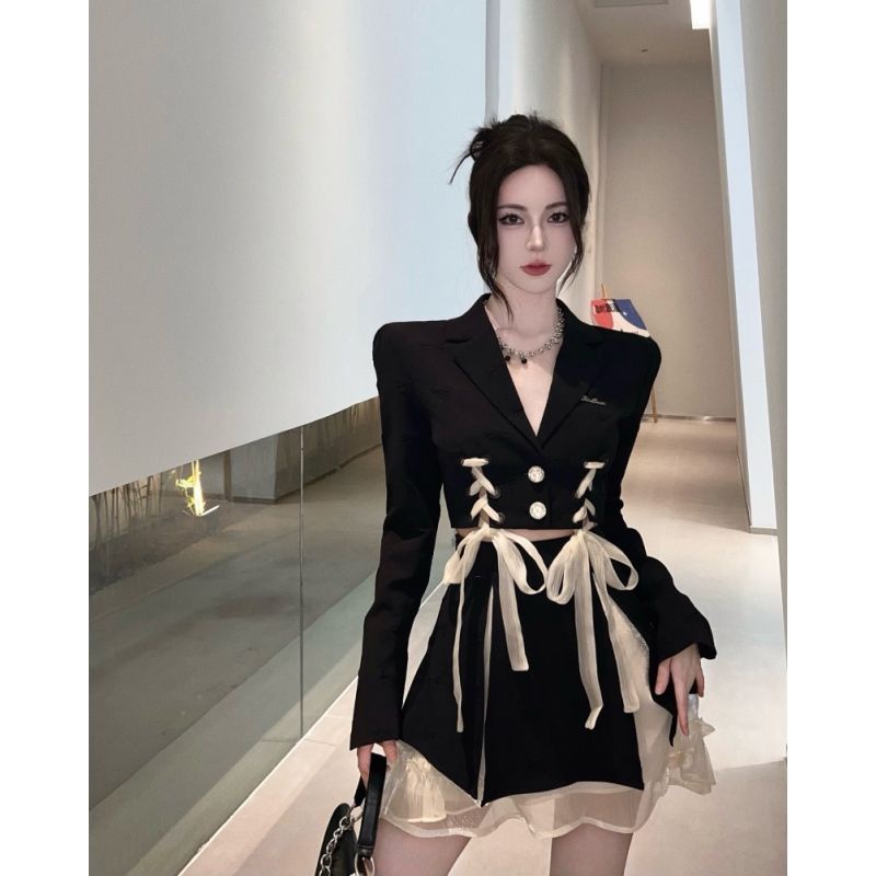 Bộ Áo Vest Thắt Nơ Phối Chân Váy Lưới Ruy Băng Thời Trang Mùa Thu Cho Nữ