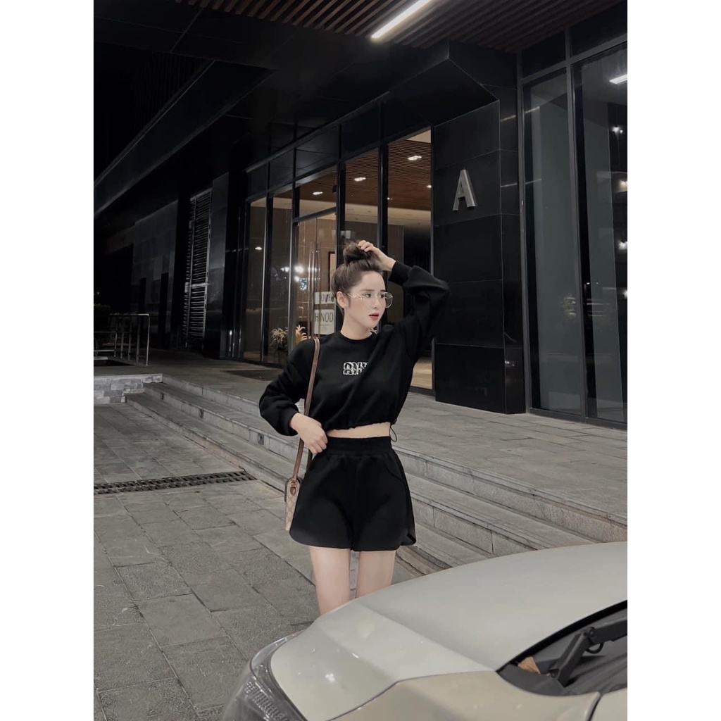 Sét áo cortop tay dài mix quần đùi chữ đá nổi sịn đét TN655CCC