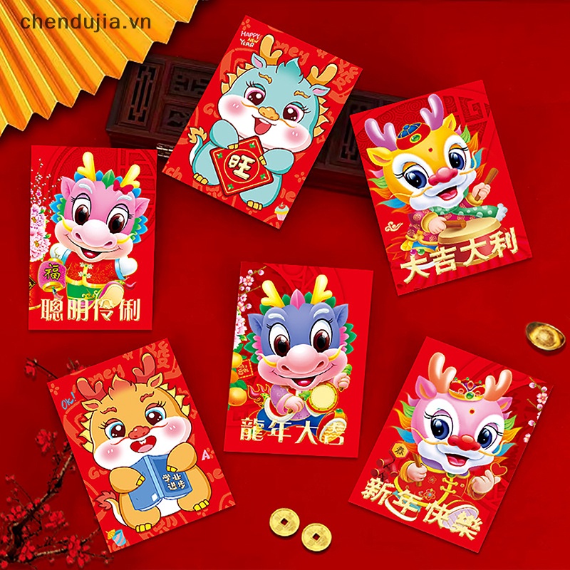 Bộ 6 Bao Lì Xì Hình Rồng Năm Mới 2024 Màu Đỏ May Mắn Phong Cách Trung Hoa