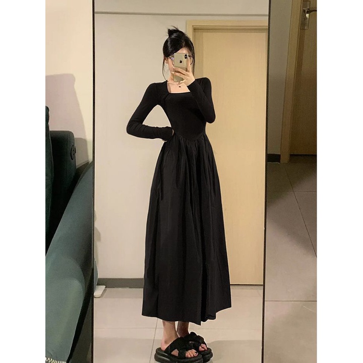 Đầm midi Đen Tay Dài Nhấn Eo Phong Cách Pháp Thời Trang Thu Đông 2023 Cho Nữ