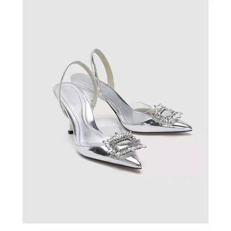 Giày Cao Gót Mũi Vuông Đính Đá Phối Khóa Gài Sau Lưng Thời Trang Sang Trọng Cho Nữ