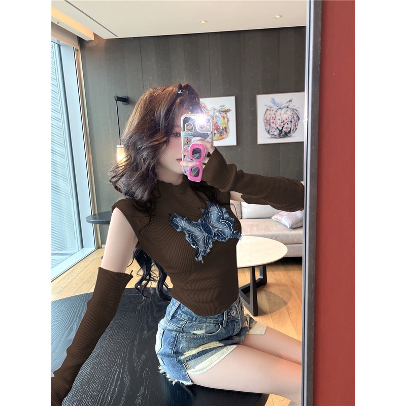 Áo Croptop Dài Tay In Hình Bướm Xinh Xắn Theo Phong Cách Hàn Quốc Dành Cho Nữ