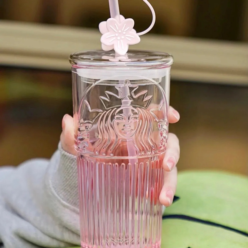 Starbucks Bình Nước Thủy Tinh 550ml Họa Tiết Hoa Anh Đào Kèm Ống Hút Tiện Dụng