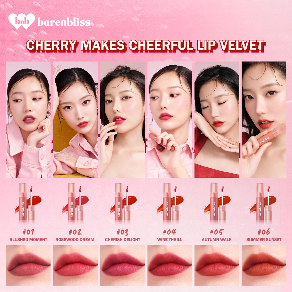 Son Kem Lì Như Nhung Cherry Hàn Quốc Barenbliss Dạng Kem Mịn Mượt Không Khô Môi Lâu Trôi Chống Nước Lip Velvet 2.5g