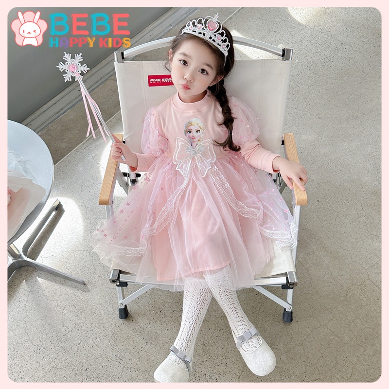 Đầm Công Chúa elsa Tay Dài Phối Lưới Thời Trang Cho Bé Gái 2-8 Tuổi