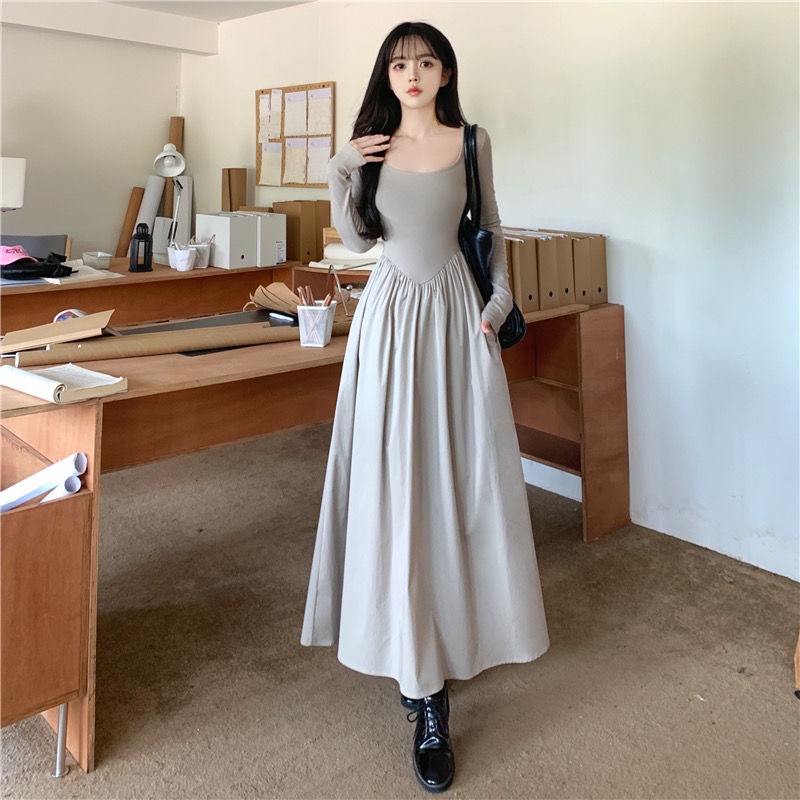 Đầm Xòe Chữ a Tay Dài Cổ Vuông Eo Cao Có Túi Phong Cách Pháp