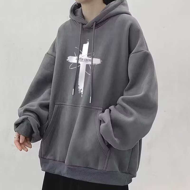 Áo hoodie cotton Nhung Dày Dặn Tay Dài In Chữ Thập Thời Trang Đường Phố Mỹ size m-5xl Dành Cho Nam