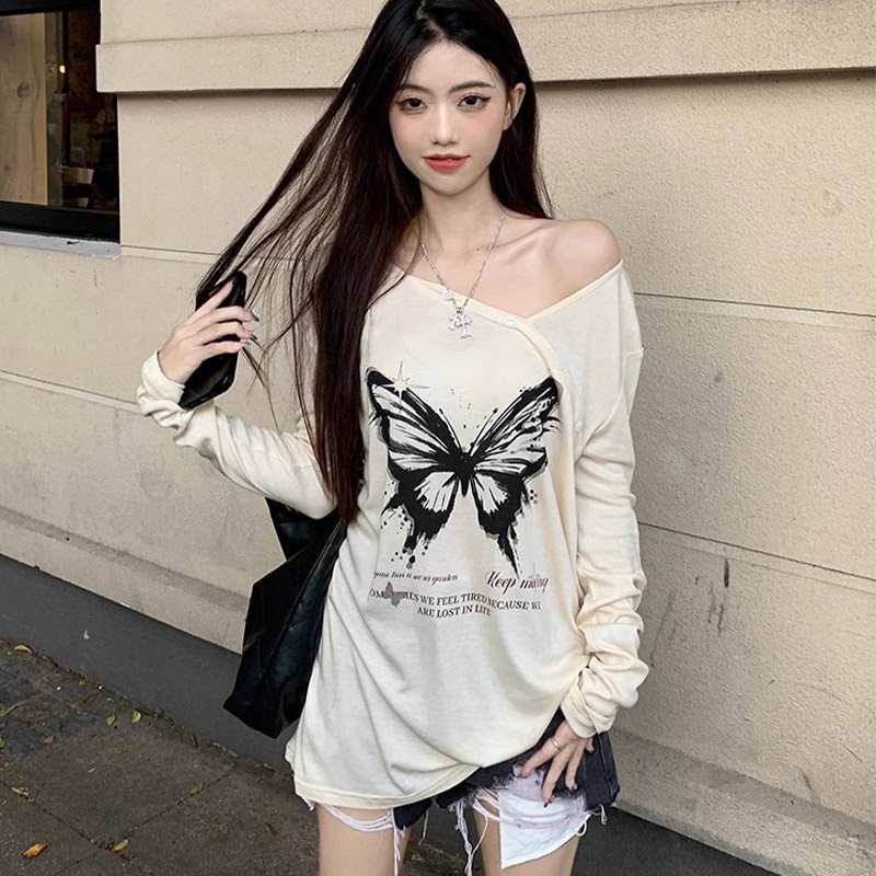 Áo Thun Dài Tay Đính Nơ Dáng Rộng Phong Cách Mỹ Cho Nữ