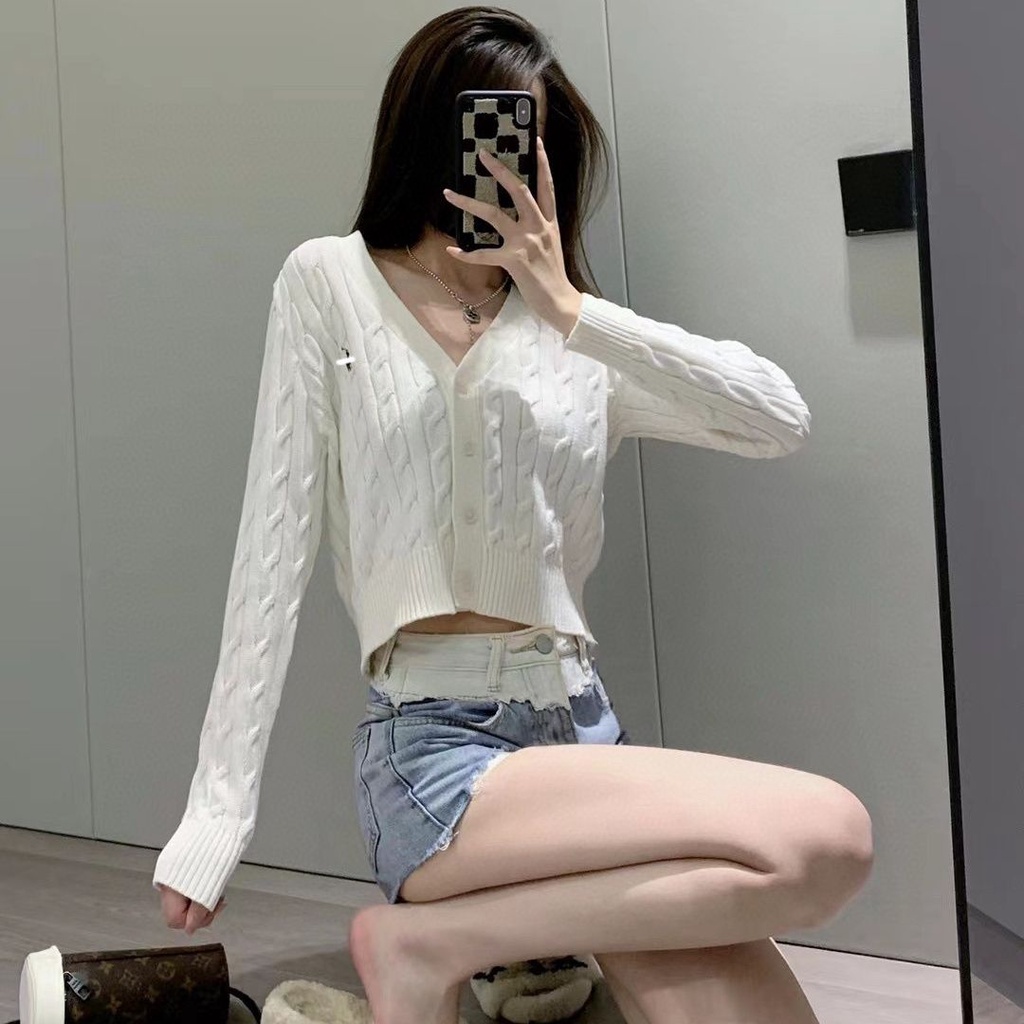 LP0J RalphLauren biao small waist short knitwear cardigan women's spring and autumn all-match twisted knitted sweater coat