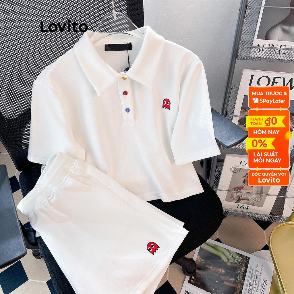Bộ đồ Lovito áo + quần short phối nút thêu họa tiết màu trơn thường ngày cho nữ LNA09237 (màu trắng)